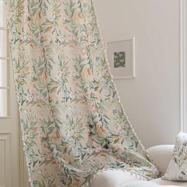 Imagem de Erbnaryx Cortinas florais transparentes de 183 cm de comprimento, bordas com franjas e cortinas semitransparentes texturizadas, tratamentos de janela grande para sala de estar/quarto, 2 painéis