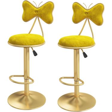 Imagem de 2 Pcs Bar Stools Lift Swivel Island Stools, Cozinha Balcão Cadeira De Jantar Em Casa Com Encosto De Veludo, Pernas De Metal E Apoio Para Os Pés, Altura Ajustável 60-80cm, Yellow