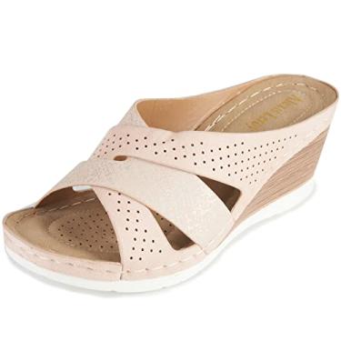 Imagem de Alexis Leroy Sandálias femininas confortáveis de bico aberto com tiras cruzadas, Damasco com furo, 9-9.5