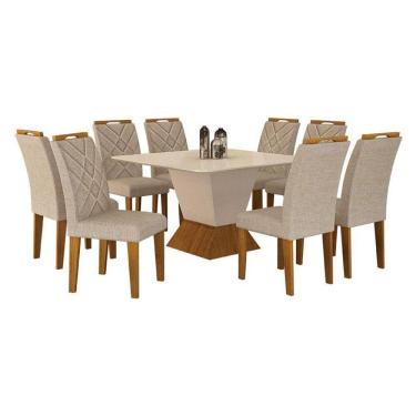 Imagem de Mesa De Jantar Larissa 135x135 Off White Freijó Com 8 Cadeiras Mdf Freijó Linho Palha - Leifer Móveis