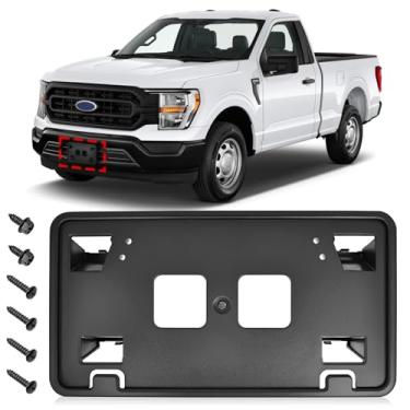 Imagem de TOP-MAX Moldura de placa de licença compatível com acessórios 2021-2023 Ford F150 3.3L V6 5.0L V8, suporte de placa de licença de para-choque dianteiro substitui para ML3Z-17A385-AB