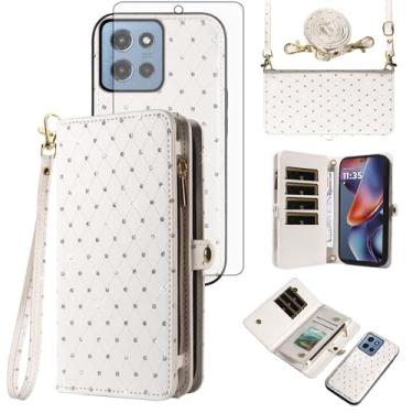 Imagem de Asuwish Capa de celular para Motorola Moto G 5G 2025 com zíper carteira destacável com protetor de tela transversal alça de cordão brilhante flip porta-cartão slot G5G 5 G G5 mulheres meninas branca