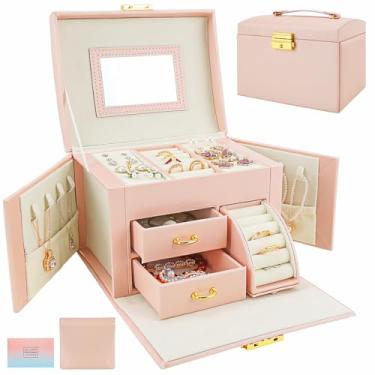 Imagem de Porta joias organizadora, Com bolsa de armazenamento portátil e pano de polimento, compartimento deslizante para anéis e espelho embutido, pode armazenar pulseiras, brincos, anéis e colares - rosa