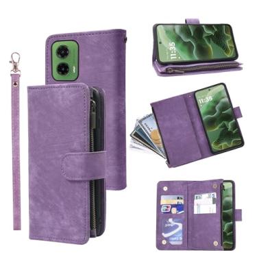 Imagem de Dibosom Capa carteira para Motorola Moto G35 com cordão de pulso e couro vintage premium flip porta-cartão de crédito acessórios capa de celular para mulheres homens roxo