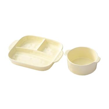 Imagem de Prato de jantar chinês simples e requintado resistente a altas temperaturas de cerâmica de três grades com redução de gordura - prato de jantar branco leitoso + tigela