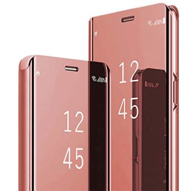 Imagem de Migexxkj Compatível com Samsung Galaxy A35 capa de couro flip transparente S-View Mirror capa à prova de choque com suporte anti-arranhões capas de telefone para Samsung A35 5G (ouro rosa)