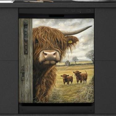 Imagem de Capa magnética para lava-louças vintage animal vaca highland painel de geladeira decalque reutilizável decorativo máquina de lavar roupa geladeira adesivo magnético aparável decoração de cozinha