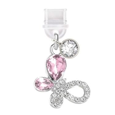 Imagem de ELISE & FONDA TP768 Tipo-C porta de carregamento antipoeira pequeno pingente de telefone borboleta de cristal para iPhone 15/16/Samsung/OnePlus/Xiaomi/oppo telefones Android (rosa)