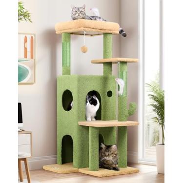 Imagem de Globlazer Torre de árvore de cacto para gatos internos, 127 cm, casa na árvore para gatos adultos grandes com degraus, poste para arranhar, 2 cavernas para gatos, brinquedos pendurados, FC50, verde