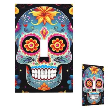 Imagem de Placa de parede decorativa para tomada 1 gangue placa de parede dupla placa de parede com caveiras de açúcar capa de interruptor de luz decorativa placa de parede 12,7 cm x 7,6 cm termoplástico