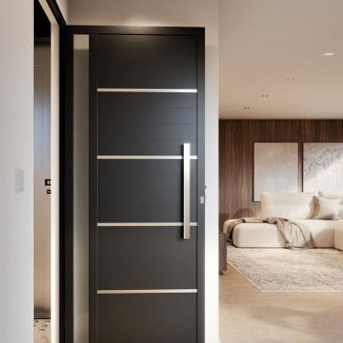 Imagem de Porta de Alumínio de Giro Lambri 215cm X 95cm Puxador de 60 Cm com Friso e Visor Lucasa Ideale Preto