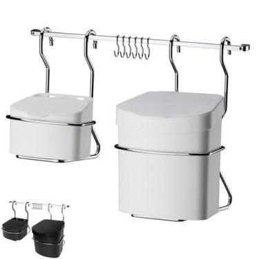 Imagem de Kit Cozinha Barra 45cm De Parede Cromada com 6 Ganchos + Lixeira 2,5L 