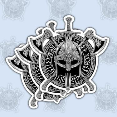 Imagem de Adesivo de capacete viking de 3 peças – Design de guerreiro nórdico com espadas e machados – Decalque de vinil à prova d'água para laptop, carro, capacete, garrafa de água – 7,6 cm