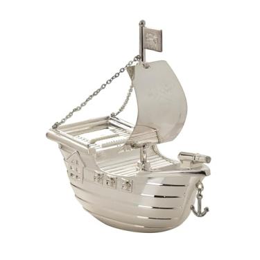Imagem de Happy Homewares Caixa de dinheiro infantil banhada a prata Bambino - Navio pirata - perfeita para crianças economizando em um dia chuvoso