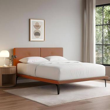 Imagem de Cama Casal Montessoriana Adulto Ninho Eiffel com Cabeceira Almofada Linho Telha