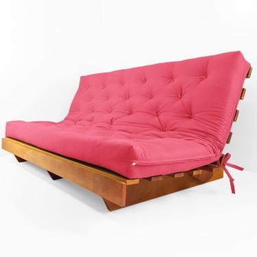 Imagem de Sofá Cama Futon L Sarja Goiaba Em Madeira Nobre Maciça