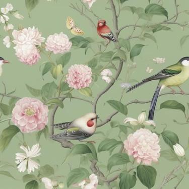 Imagem de VEELIKE Papel de parede vintage chinoiserie de pássaros descascar e colar borboletas verdes papel de parede floral para quarto banheiro 17,7 pol. x 354 polegadas autoadesivo removível peônias flores