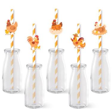 Imagem de Serencatcher Decorações de festa de frango, 50 peças, canudos de festa de galinha amarelos, papel descartável, canudos decorativos para animais de fazenda, tema de pintinho, aniversário, chá de bebê