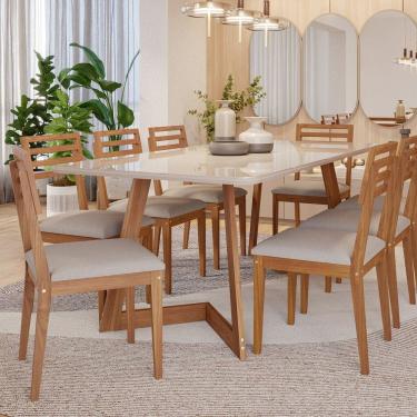 Imagem de Conjunto Sala de Jantar Caju 210cm com Vidro e 8 Cadeiras Juparanã Off White/ Cinza