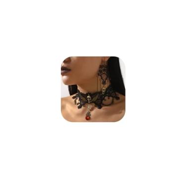 Imagem de XIAOMOJEW Conjunto de colar gótico feminino com cristal de sangue, gargantilha, crânio, pingente, conjunto de brincos de Halloween preto e vermelho, ONE, Liga de aço, Sem Pedra Preciosa