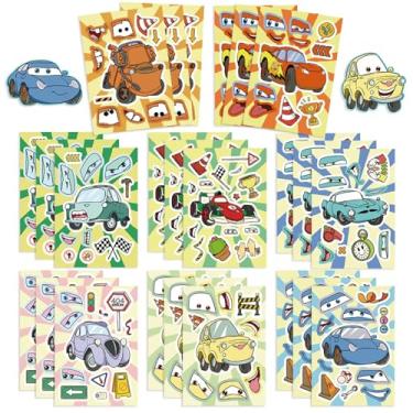 Imagem de 24 folhas de adesivos de carros fofos para crianças, faça seu próprio adesivo de desenho animado faça uma cara, adesivos da Disney para adolescentes, meninas, meninos, salas de aula, filmes, arte