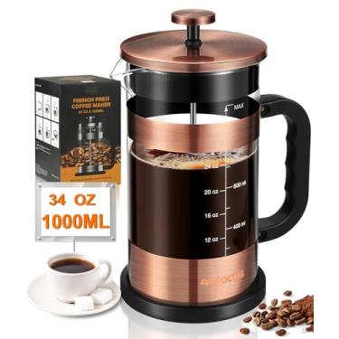 Imagem de AMFOCUS Cafeteira French Press – Aço inoxidável Classice de 1000 ml com sistema de filtragem de 4 níveis, pote de vidro borossilicato de espessura resistente ao calor para presente de acampamento e