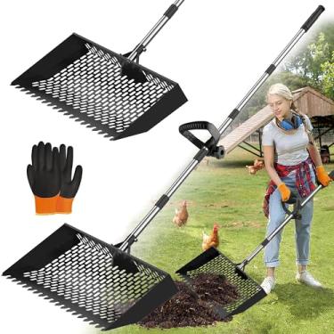 Imagem de Colher de galinha grande de 38 cm com aderência ergonômica, colher de galinheiro de metal ajustável 5 em 1 com ancinho (94 cm a 195 cm), pá de areia para galinheiro/barraca de cabra/ferramenta de