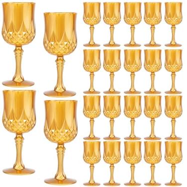 Imagem de JLYLOL Copos de vinho vintage de plástico de 200 ml, taças de plástico vintage, 24 peças, copos de água, copos de água reutilizáveis para festa, recepção, celebração, bar, uísque (âmbar)