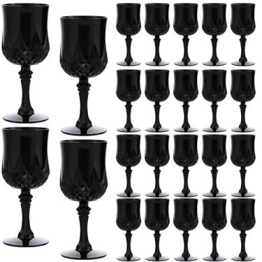 Imagem de JLYLOL Taças de vinho vintage de plástico de 200 ml, taças de plástico vintage, 24 peças, copos de água retrô para casamento, copos reutilizáveis para festa, recepção, celebração, bar, uísque (preto)
