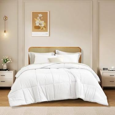 Imagem de AZMTOP Conjunto de edredom branco com 3 peças, tamanho casal, 1 edredom e 2 fronhas, conjunto de cama de microfibra premium, leve, respirável, para todas as estações, 203 x 232 cm