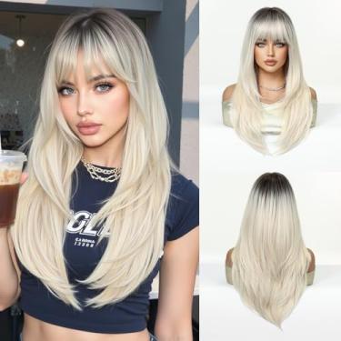 Imagem de Esmee Peruca longa lisa platina loira para mulheres com franja peruca ombré de cabelo sintético natural para uso diário e festa