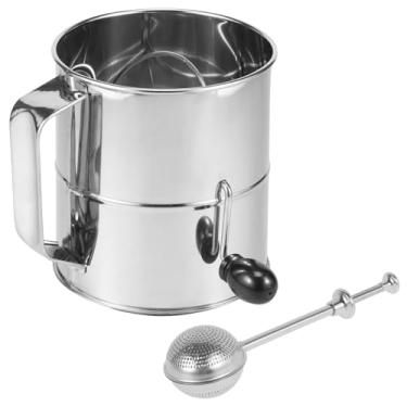 Imagem de Peneira de farinha de aço inoxidável 5/8 xícaras, peneira de farinha de malha fina, agitadora rotativa, manivela, com espanador de açúcar em pó, dispensador destacável para assar bolos (prata, 8