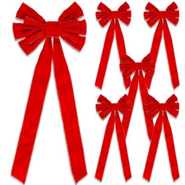 Imagem de 6 peças grande laço de Natal 30,7 x 11,8 polegadas laço de guirlanda de veludo vermelho com borda dourada brilhante enfeite de árvore de Natal arcos para Natal, casa, interior, exterior, porta da