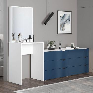 Imagem de Cômoda Porto 6 Gavetas com Espelho Azul/Branco - Politorno