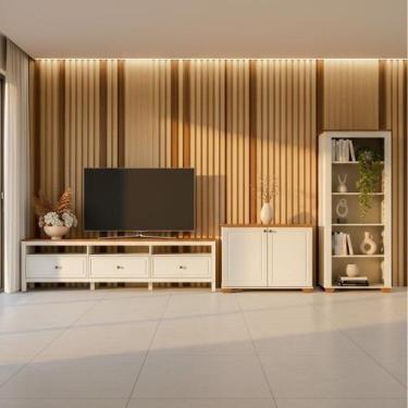 Imagem de Conjunto 3 Peças 1 Rack 210cm, Estante e Armário Madeira Maciça Ananda