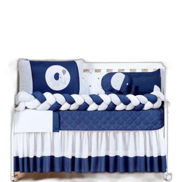 Imagem de Kit Berço Elefante Trança Azul Marinho 100% Algodão 9 Peças