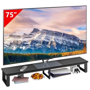 Imagem de Clikuutory Suporte de TV grande de 59 polegadas para TVs de 81 a 75 polegadas, suporte de mesa com pernas de aço, armazenamento e função de mesa de escritório com tela dupla, ideal para escritório em