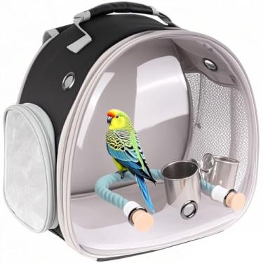 Imagem de halinfer Mochila de viagem pequena para pássaros, gaiola para transporte, mochila com braçadeira, suporte para periquito, periquito, periquito, veterinário, bolsa preta
