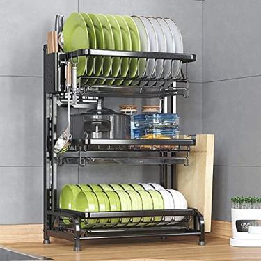 Imagem de AKALNNB Escorredor de louça, escorredor de pratos de cozinha, escorredor de pratos vertical de 3 camadas com 2 ganchos, organizador de armazenamento de bancada com bandeja de drenagem, revestimento