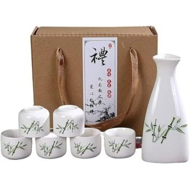 Imagem de Conjunto tradicional de saquê, conjunto de saquê tradicional japonês de cerâmica preta conjuntos de servir 7 peças, garrafa de saquê de cerâmica e 6 xícaras,