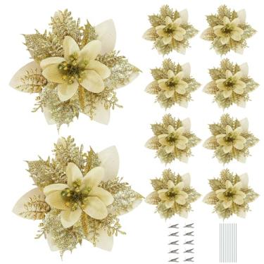 Imagem de Andiker 10 peças de flores artificiais de Natal de 13 cm/5 pol, flores de árvore de Natal com glitter com clipes e arame, decorações de Natal para mesas de guirlanda de árvore de Natal e festas (10