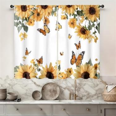 Imagem de Famiffty Cortina de cozinha floral amarela girassol 70 cm L x 99 cm 2 painéis bolso para varão rústico flor borboleta casa de fazenda sobre a pia pequena curta café nível brilhante cortinas de janela