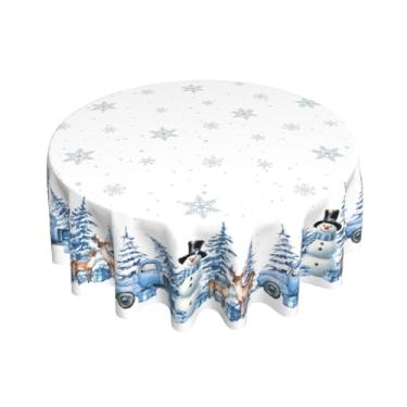 Imagem de Sphragiyn Toalha de mesa de inverno redonda 152 cm azul boneco de neve árvore de Natal toalha de mesa de tecido resistente à água para cozinha, jantar, festa, decoração de casa