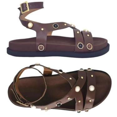 Imagem de Sandália Papete Feminina Gladiadora Suede Napa Tiras Enfeite Meia Esfera Fivela Confortável Moda (Café, BR, Adulto, Numérico, 39)