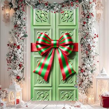 Imagem de BlissYard Capa de porta de Natal verde laço de presente vermelho verde 71 x 35 polegadas Feliz Natal varanda banner feriado sazonal entrada decoração pátio portas decoração placa de boas-vindas