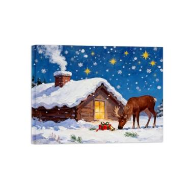 Imagem de Pinturas em tela Natal-Quadros Decoração de Parede-Cabana estrelas veados-Inverno Paisagens Impressões para Sala de Estar 60x80cm Tela Embrulhada