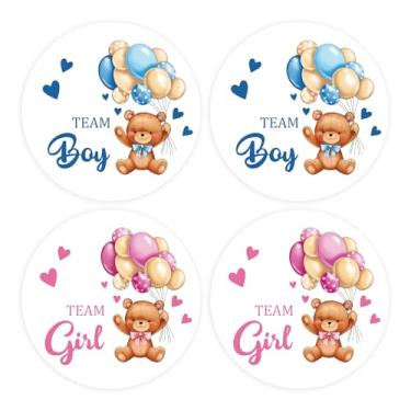 Imagem de 80 peças de rolo de adesivos de revelação de gênero de urso fofo, etiquetas de revelação de gênero de equipe, meninos e meninas, adesivos redondos decorativos rosa e azul para chá de bebê suprimentos
