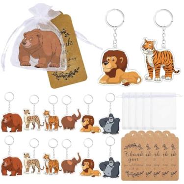 Imagem de 54 peças chaveiros fofos animais da selva safári lembrancinhas de chá de bebê lembrancinhas de festa infantil animais zoológicos chaveiro decoração com etiquetas Kraft de agradecimento, sacos de