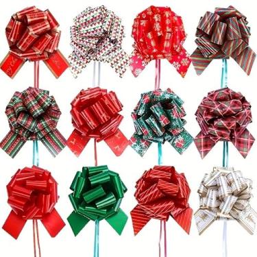 Imagem de Conjunto de 12 laços de presente de Natal - laços de fita de plástico de 12 cm para embrulho, festival, decorações de casamento, cestas de presente e embalagem de aniversário - cores mistas com tema