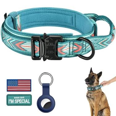 Imagem de DAGANXI Coleira tática para cães, de nylon de treinamento militar ajustável, com alça de controle e fivela de metal pesado para cães médios e grandes, com adesivos e estojo de Airtags (G, seta verde)